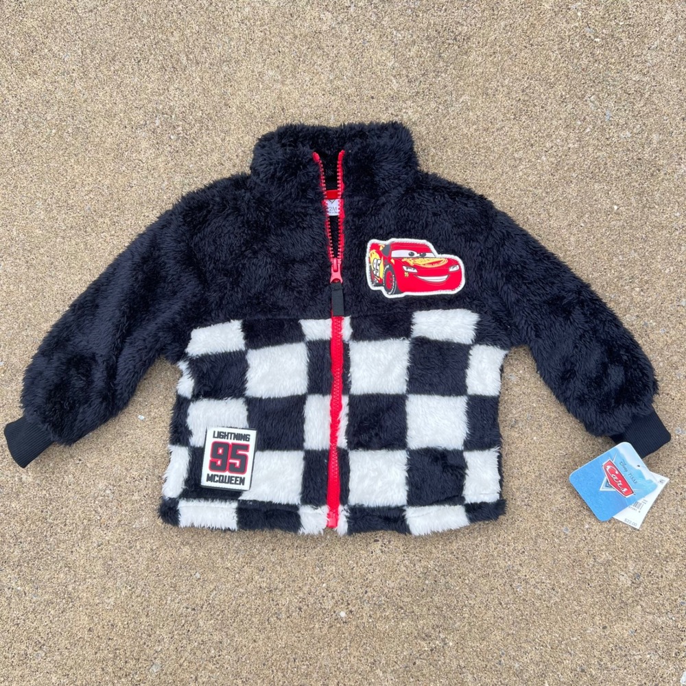 Disney Pixar Cars Lightning McQueen Fleece Jacket Checkered Black White 12M NWT